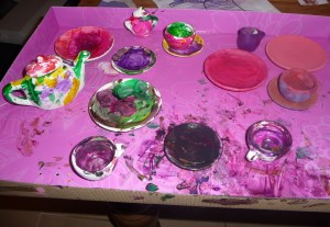 Amber's 'paint your own tea set' gift. Spot the ones controlling mummy did