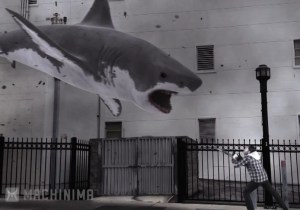 Because of course a chainsaw is weapon of choice against a great white