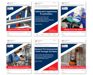The picture shows six social media advert mock ups for the Charity British Safety Council, designed for a job interview