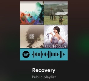The picture is of a playlist barcode from Spotify, and four album covers (Alanis Morrissette, Noah Kahan, Gabrielle, and the soundtrack to Cinderella featuring Camila Cabello)