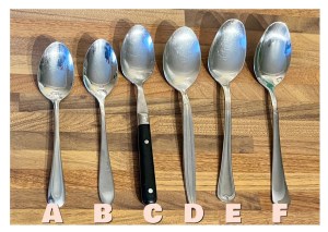 A row of six breakfast or dessert spoons, all slightly different sizes and with different handle styles, labelled A-F from left to right.
